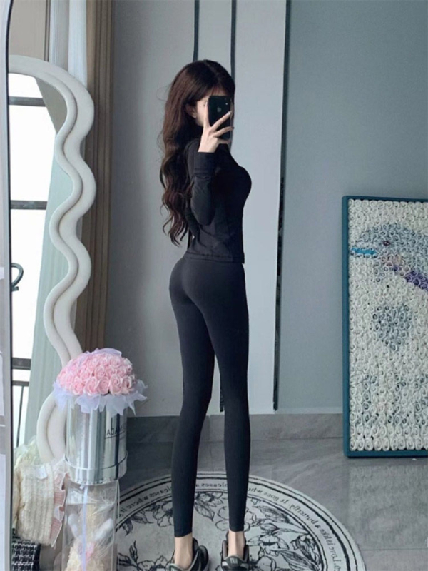 Черен женски йога комплект с топ с дълъг ръкав и панталони, Slim-Fit, пролет-лято, корейски стил