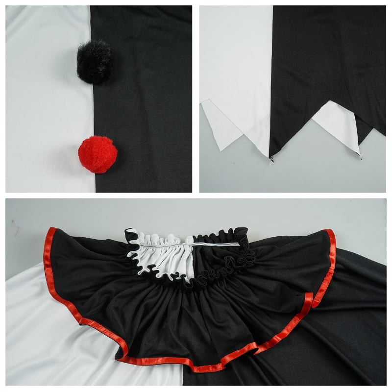 Užasni klaun cosplay kostim za Halloween s crno-belim plaštem – scenski kostim za odrasle