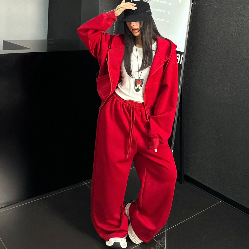 Ženski božićni casual sportski set, crveni hoodie s kapuljom i zatvaračem te široke hlače, jesen-zima 2025