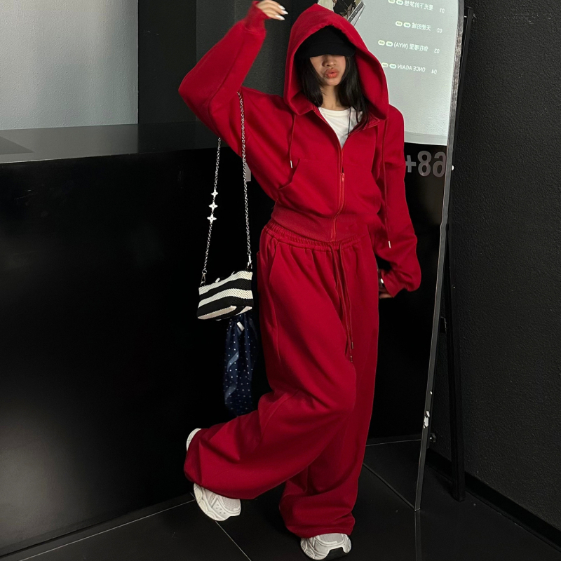 Ženski božićni casual sportski set, crveni hoodie s kapuljom i zatvaračem te široke hlače, jesen-zima 2025