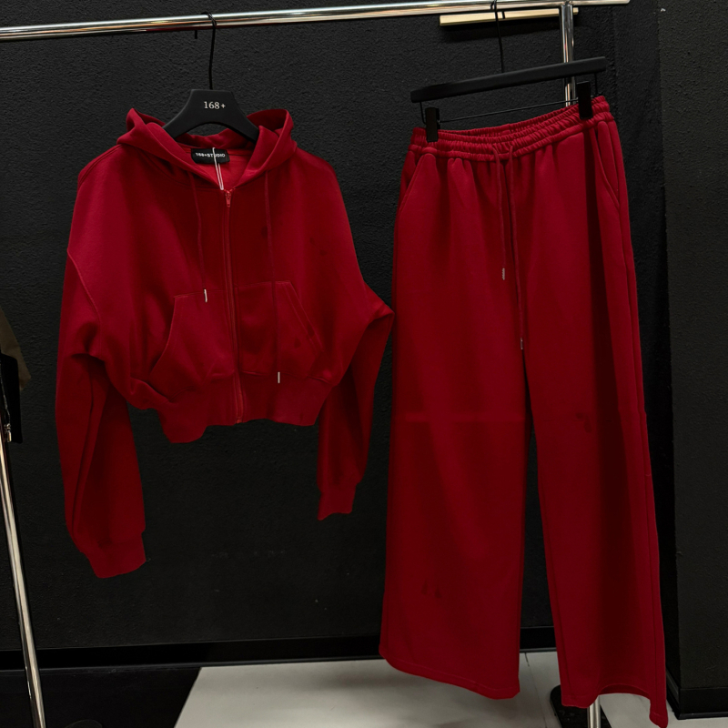 Ženski božićni casual sportski set, crveni hoodie s kapuljom i zatvaračem te široke hlače, jesen-zima 2025