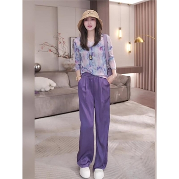 Ljubičasti ženski pantalonski kostim s tie-dye uz ice silk, UV zaštita, ljetni set