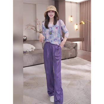 Ljubičasti ženski pantalonski kostim s tie-dye uz ice silk, UV zaštita, ljetni set