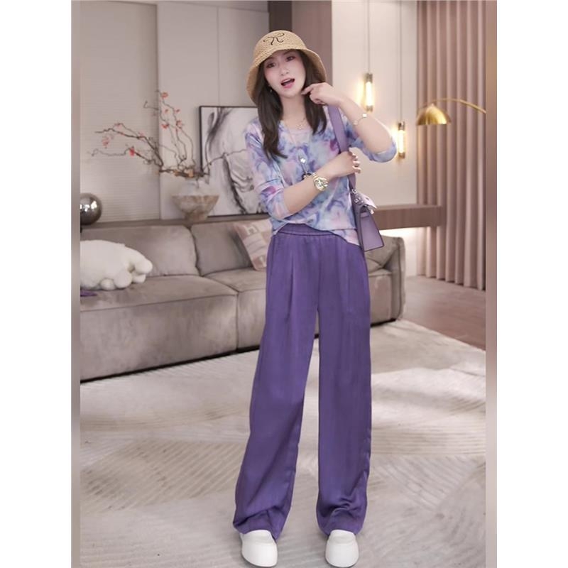 Ljubičasti ženski pantalonski kostim s tie-dye uz ice silk, UV zaštita, ljetni set