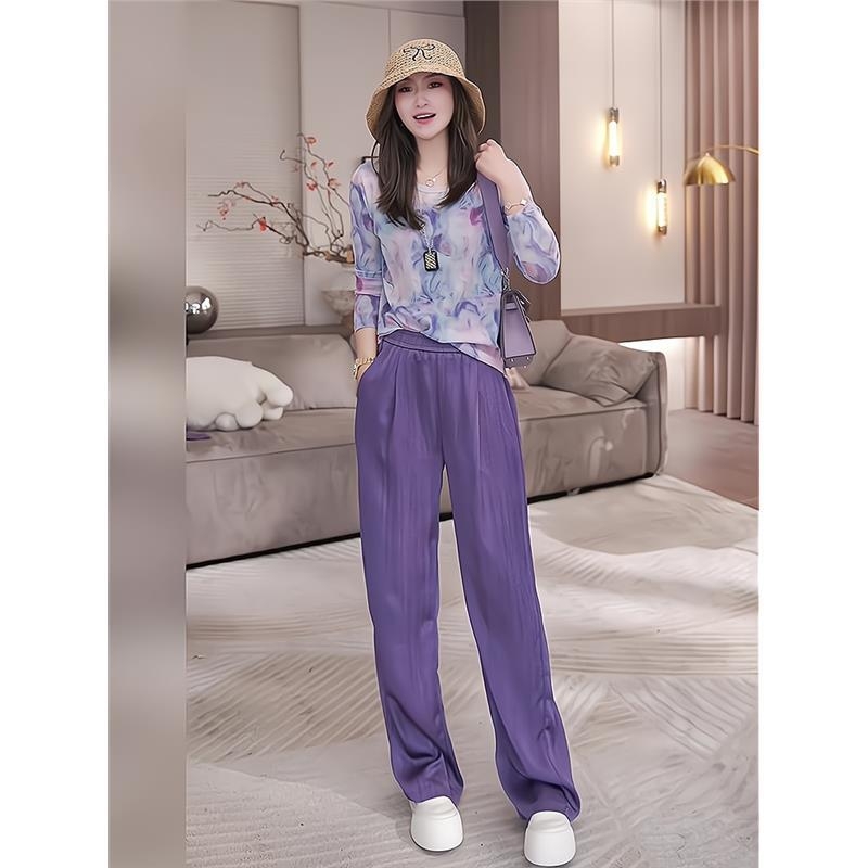 Ljubičasti ženski pantalonski kostim s tie-dye uz ice silk, UV zaštita, ljetni set