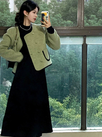 Jesen 2025: ženski dvodijelni set u čajnom stilu, Chanel-stil jakna i dugačka suknja u francuskom stilu