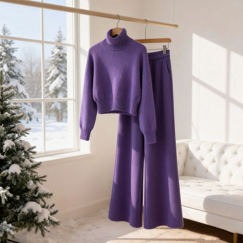 Ženski dvodijelni set: ljubičasti džemper i hlače, zimski stil