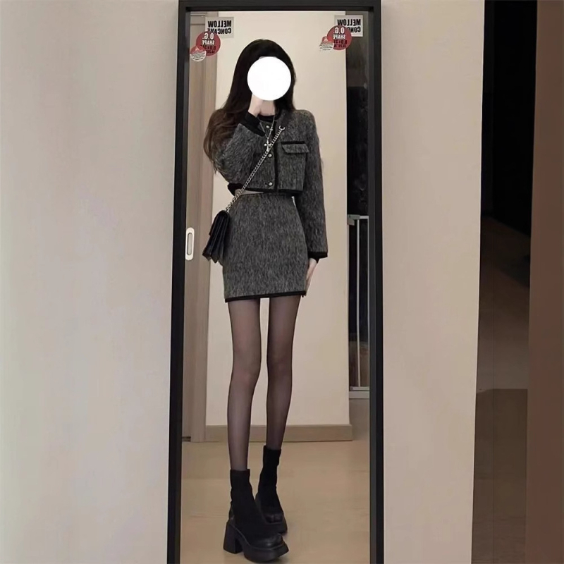 Korejski stil visoke klase: dvodijelni komplet – kratka jakna i uska mini suknja, ženski modni kostim za jesen/zimu.