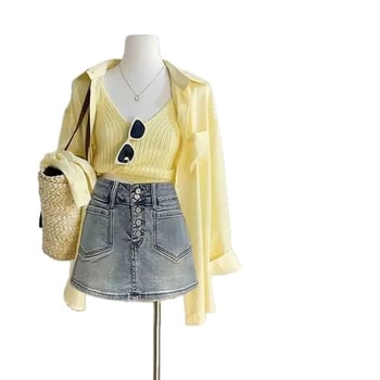 Ženski proljetni trodijelni set: top bez rukava, majica s UV zaštitom i denim suknja