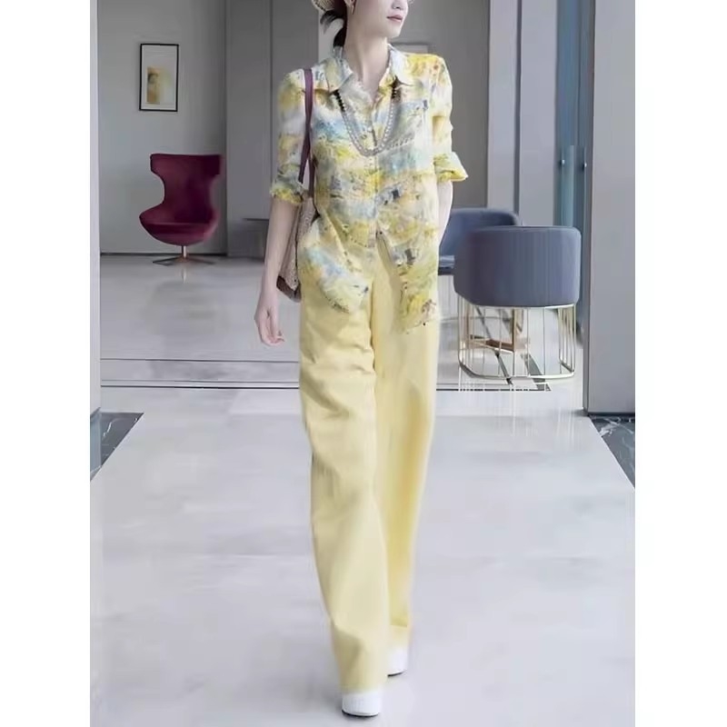 Žuti print košuljni set s hlačama za žene, casual japansko-korejski stil, proljeće-ljeto 2025, poliester.