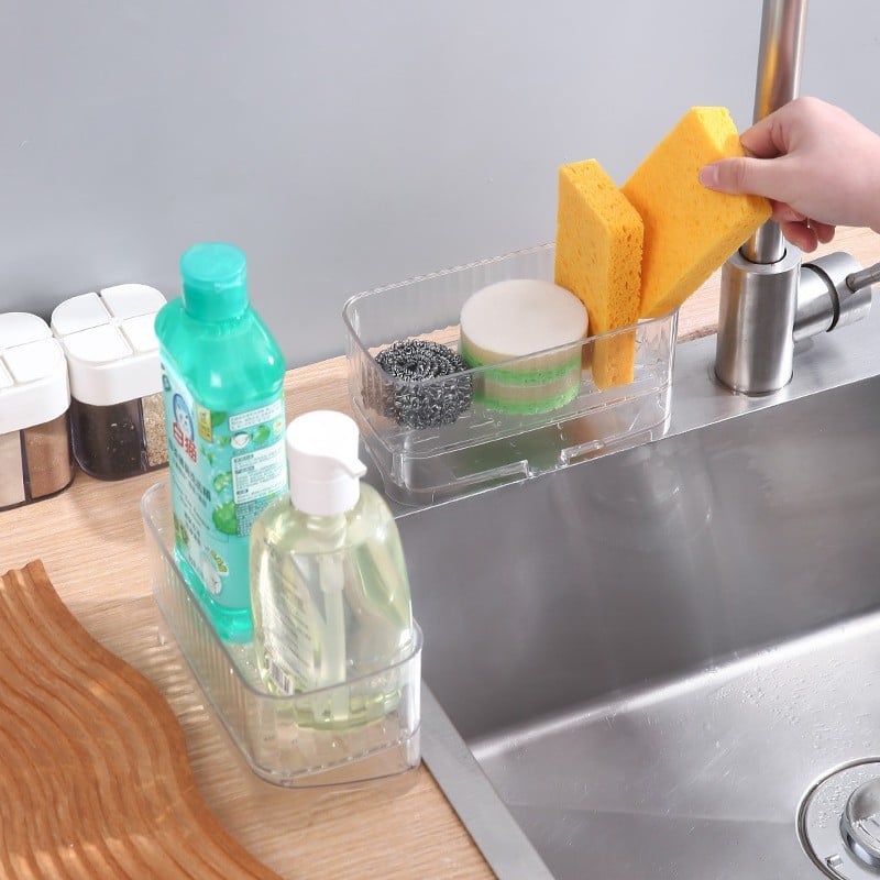 Plastični produžni uski stalak za odvod na kuhinjskoj ploči, na radnoj površini, s produženim uskim rubom, za spužice za suđe, krpe i deterdžent