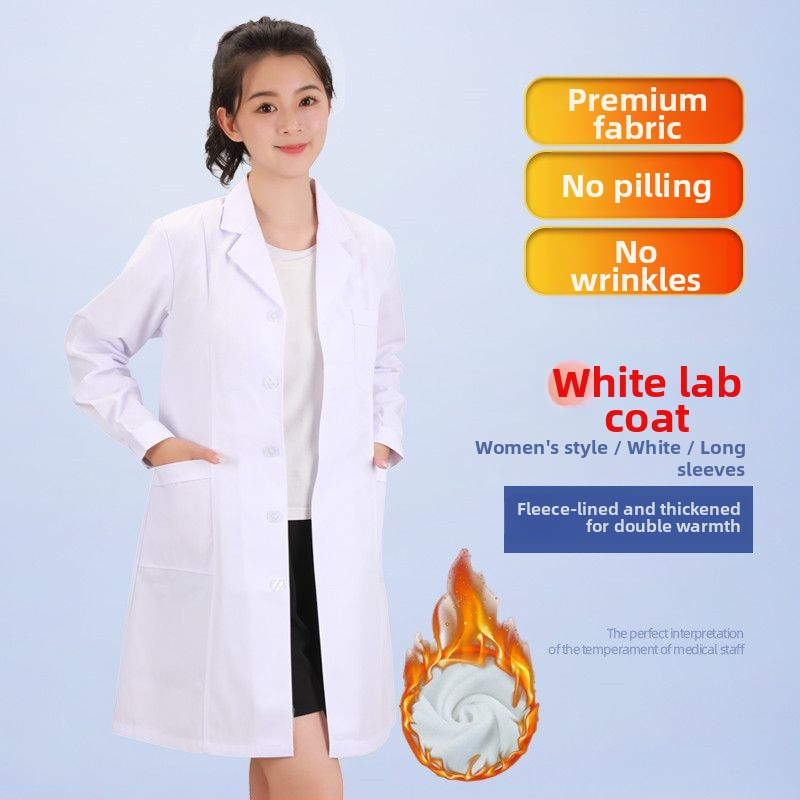 Unisex biela lekárska plášť s dlhými a krátkymi rukávmi, pre lekárov, sestry a farmaceutov, klinické/laboratórne použitie, s fleecovou podšívkou.