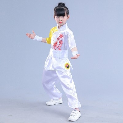 Gyerek Wushu ruházat, rövid ujjú Kung-Fu edzőruha fiúknak és lányoknak, kínai stílusú táncelőadási kosztüm