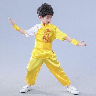 Gyerek Wushu ruházat, rövid ujjú Kung-Fu edzőruha fiúknak és lányoknak, kínai stílusú táncelőadási kosztüm