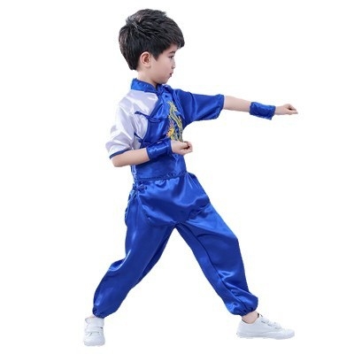 Gyerek Wushu ruházat, rövid ujjú Kung-Fu edzőruha fiúknak és lányoknak, kínai stílusú táncelőadási kosztüm