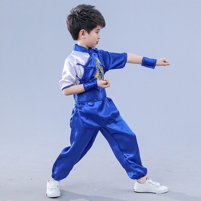 Gyerek Wushu ruházat, rövid ujjú Kung-Fu edzőruha fiúknak és lányoknak, kínai stílusú táncelőadási kosztüm