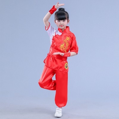 Gyerek Wushu ruházat, rövid ujjú Kung-Fu edzőruha fiúknak és lányoknak, kínai stílusú táncelőadási kosztüm