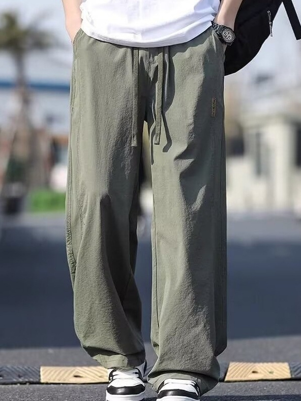 Nyári vékony Ice Silk széles lábú férfi casual nadrág, húzózsinórral, légáteresztő, sokoldalú