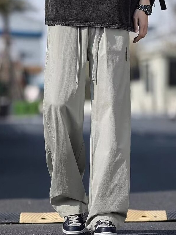 Nyári vékony Ice Silk széles lábú férfi casual nadrág, húzózsinórral, légáteresztő, sokoldalú