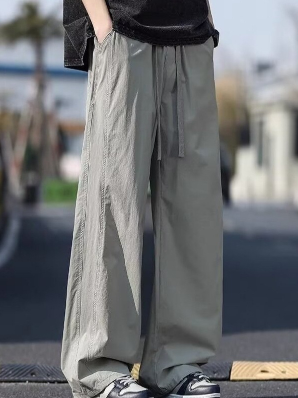 Nyári vékony Ice Silk széles lábú férfi casual nadrág, húzózsinórral, légáteresztő, sokoldalú