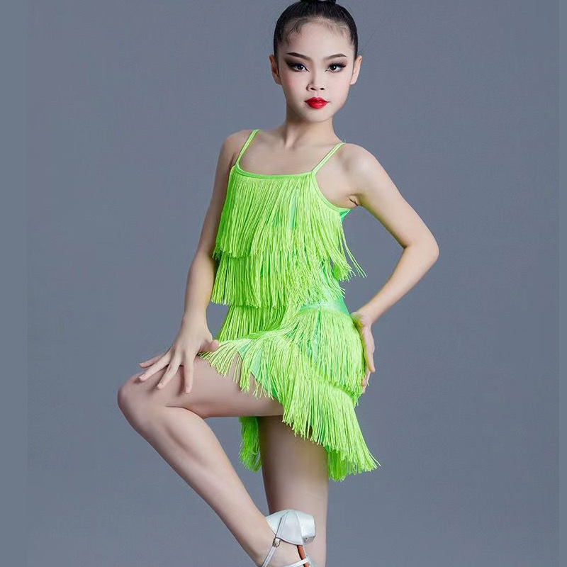 Háromszínű bojtos latin táncruha kislányoknak – verseny- és színpadi viselet, gyermek táncruha