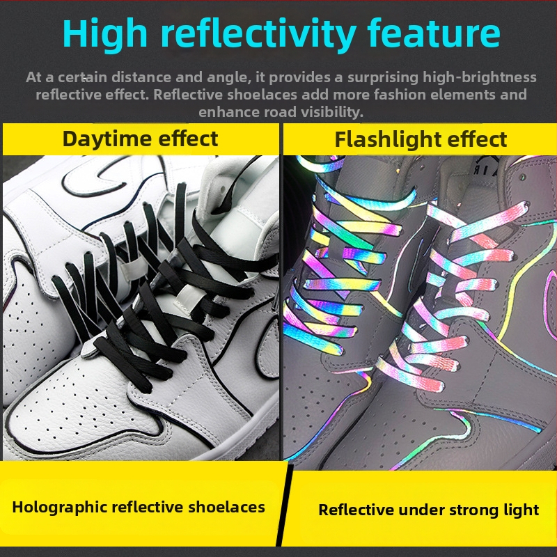 Holografické reflexné šnúry na topánky AJ1/AF1 – ploché, farebné šnúry s 3M reflexiou a efektom chameleon laser
