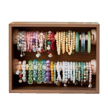 Raft de expunere cu două etaje din lemn de nuc, stil vintage antic, pentru bijuterii și accesorii pentru păr