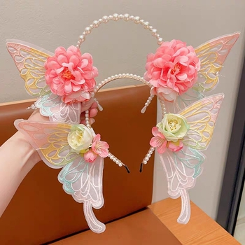 Diademă pentru păr cu flori, urechi de elf, fluture mare și perle, broderie fină