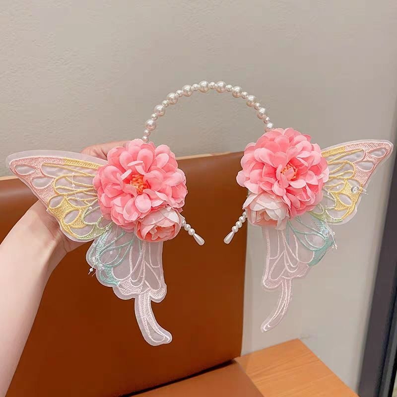Diademă pentru păr cu flori, urechi de elf, fluture mare și perle, broderie fină