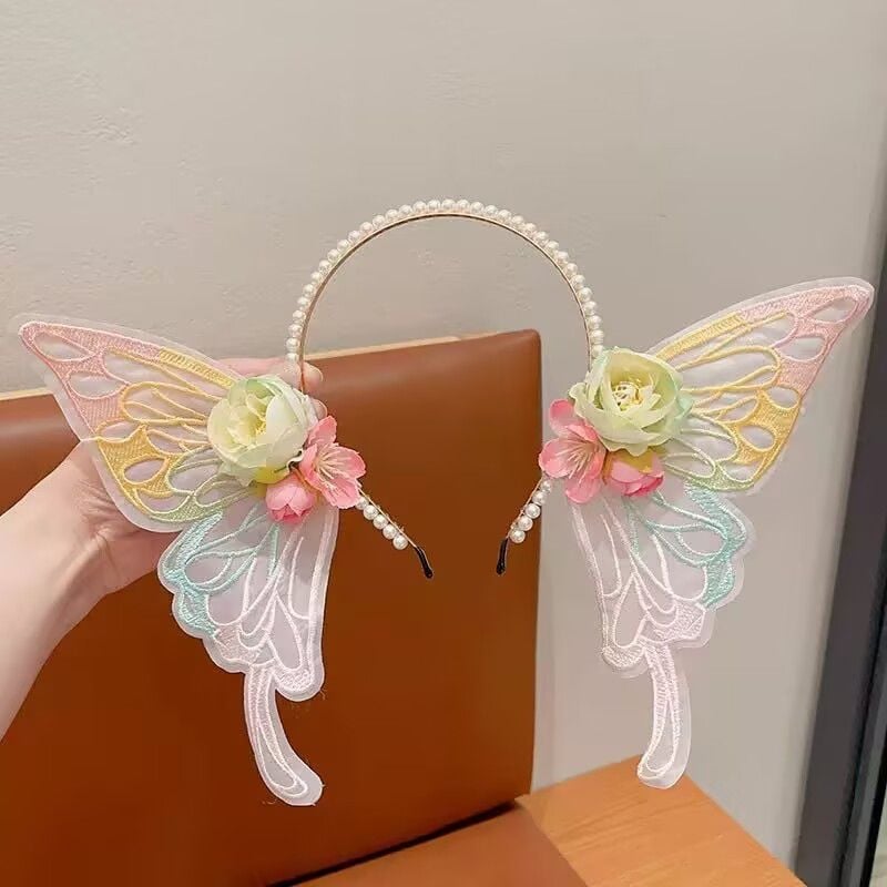 Diademă pentru păr cu flori, urechi de elf, fluture mare și perle, broderie fină