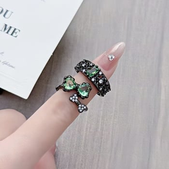 Otvoreni prsten s mašnicom, tamnozeleni cirkon, nepravilnog oblika, punk stil, lagani luksuz za žene