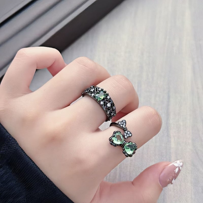 Otvoreni prsten s mašnicom, tamnozeleni cirkon, nepravilnog oblika, punk stil, lagani luksuz za žene