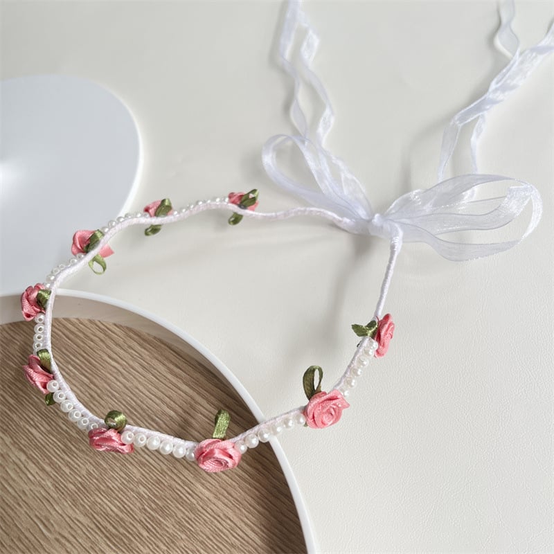 Bandă de păr din satin cu flori de perle – pentru femei, stil pădure