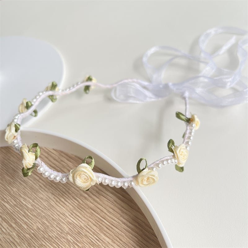 Bandă de păr din satin cu flori de perle – pentru femei, stil pădure