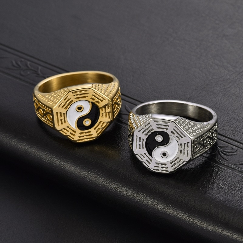 Prsten od nehrđajućeg čelika s motivom yin-yang bagua, etnički stil, muški i unisex nakit