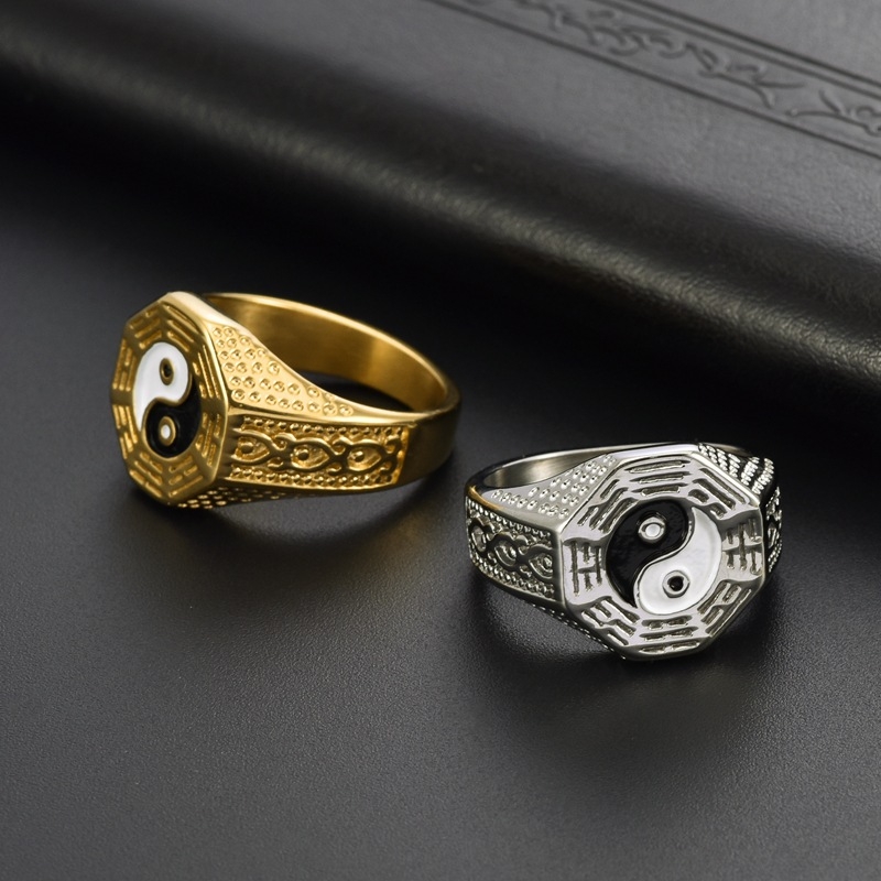 Prsten od nehrđajućeg čelika s motivom yin-yang bagua, etnički stil, muški i unisex nakit
