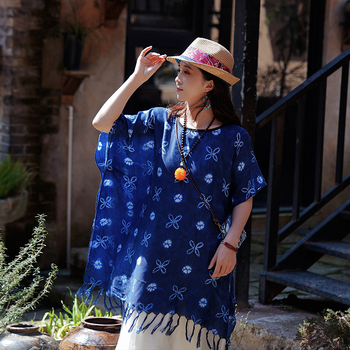Μπλε σάλι με tie-dye σε ethnic στυλ για γυναίκες, καλοκαίρι, αξεσουάρ ταξιδιού, πολυεστερικό σάλι προστασίας από τον ήλιο