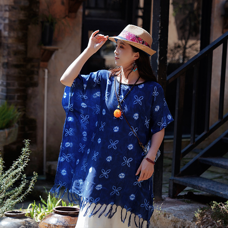 Μπλε σάλι με tie-dye σε ethnic στυλ για γυναίκες, καλοκαίρι, αξεσουάρ ταξιδιού, πολυεστερικό σάλι προστασίας από τον ήλιο