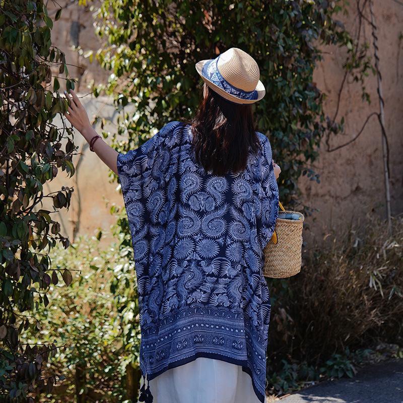 Μπλε σάλι με tie-dye σε ethnic στυλ για γυναίκες, καλοκαίρι, αξεσουάρ ταξιδιού, πολυεστερικό σάλι προστασίας από τον ήλιο