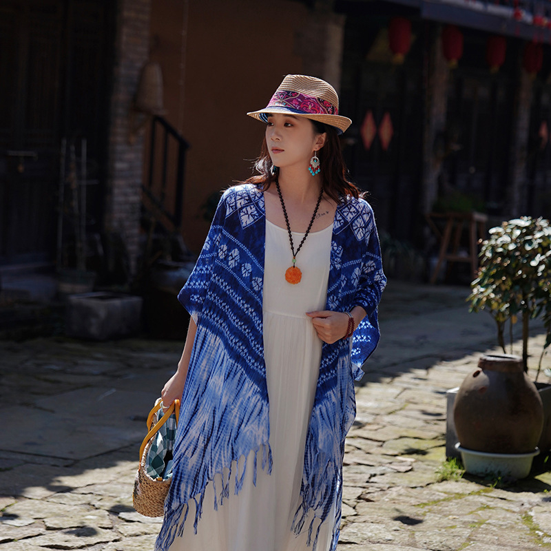 Μπλε σάλι με tie-dye σε ethnic στυλ για γυναίκες, καλοκαίρι, αξεσουάρ ταξιδιού, πολυεστερικό σάλι προστασίας από τον ήλιο