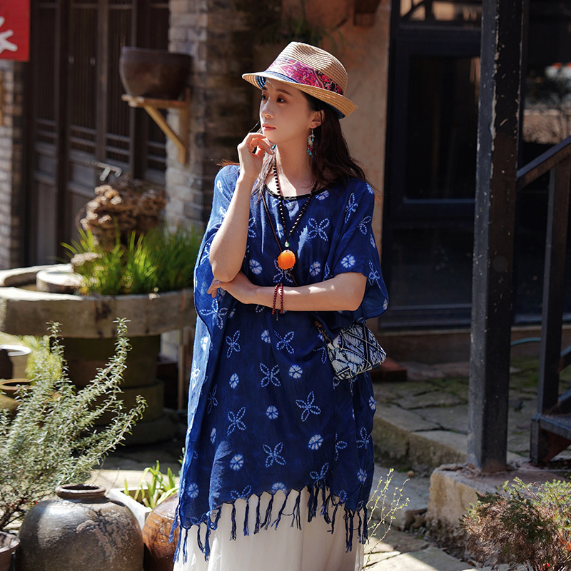 Μπλε σάλι με tie-dye σε ethnic στυλ για γυναίκες, καλοκαίρι, αξεσουάρ ταξιδιού, πολυεστερικό σάλι προστασίας από τον ήλιο
