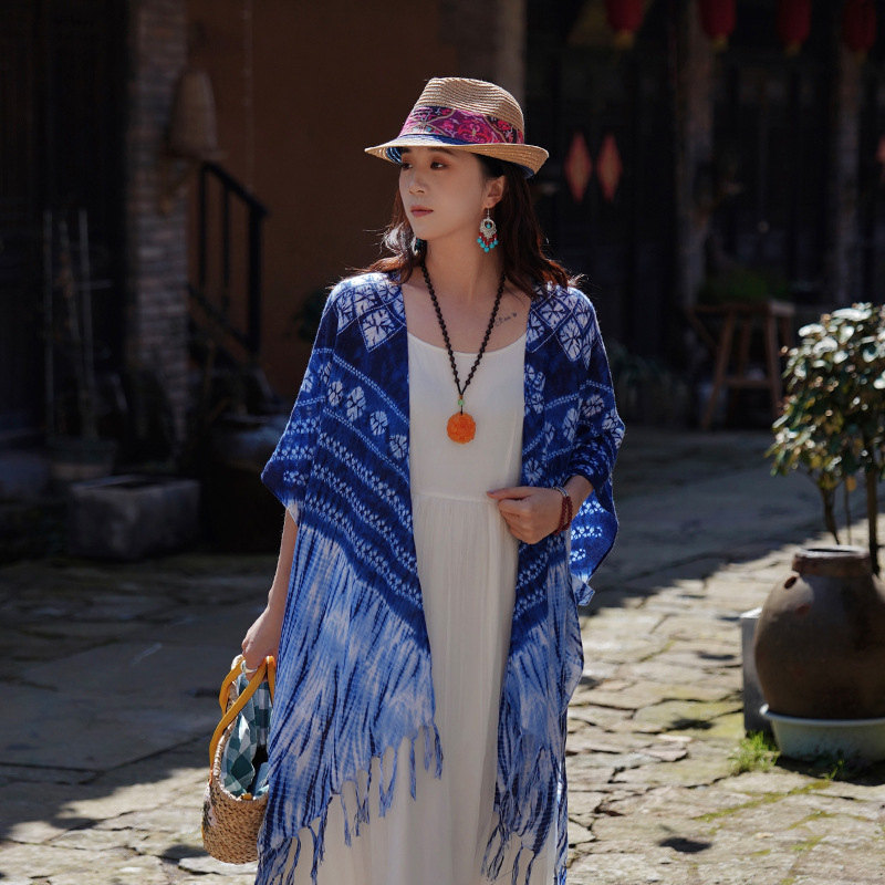 Μπλε σάλι με tie-dye σε ethnic στυλ για γυναίκες, καλοκαίρι, αξεσουάρ ταξιδιού, πολυεστερικό σάλι προστασίας από τον ήλιο