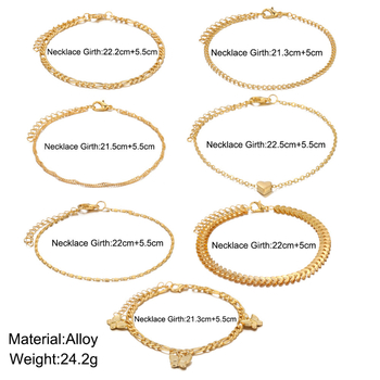 Zlatni ton anklet s privjeskom srca i leptira, višeslojni set od 7 komada
