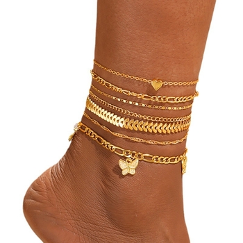 Zlatni ton anklet s privjeskom srca i leptira, višeslojni set od 7 komada
