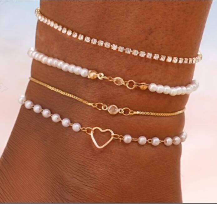 Zlatni ton anklet s privjeskom srca i leptira, višeslojni set od 7 komada