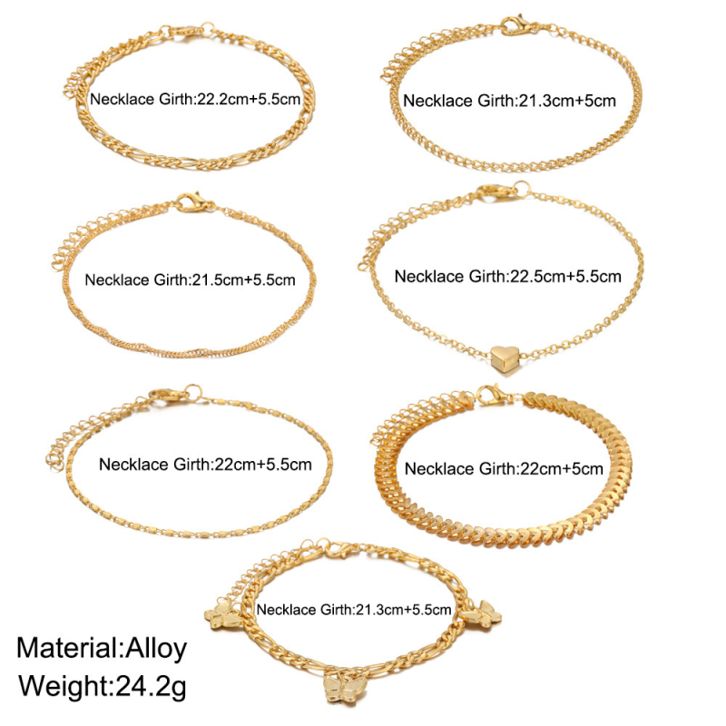 Zlatni ton anklet s privjeskom srca i leptira, višeslojni set od 7 komada