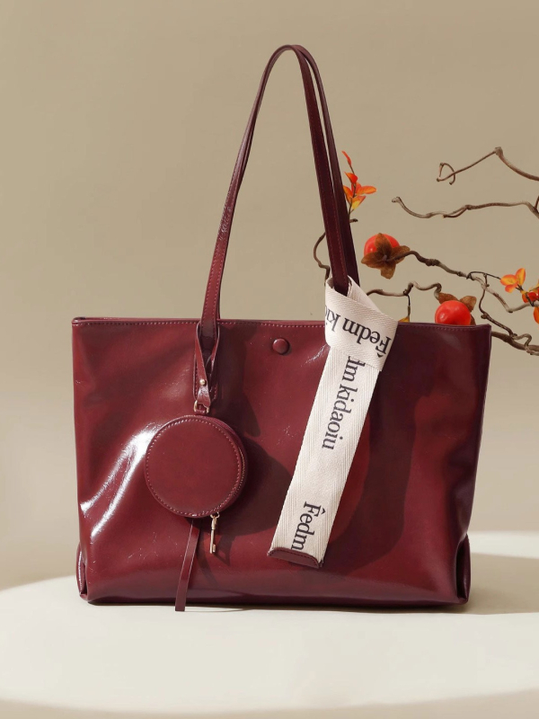 Червена сватбена дамска tote чанта, голям капацитет, презрамка, PU кожа, пролет 2025