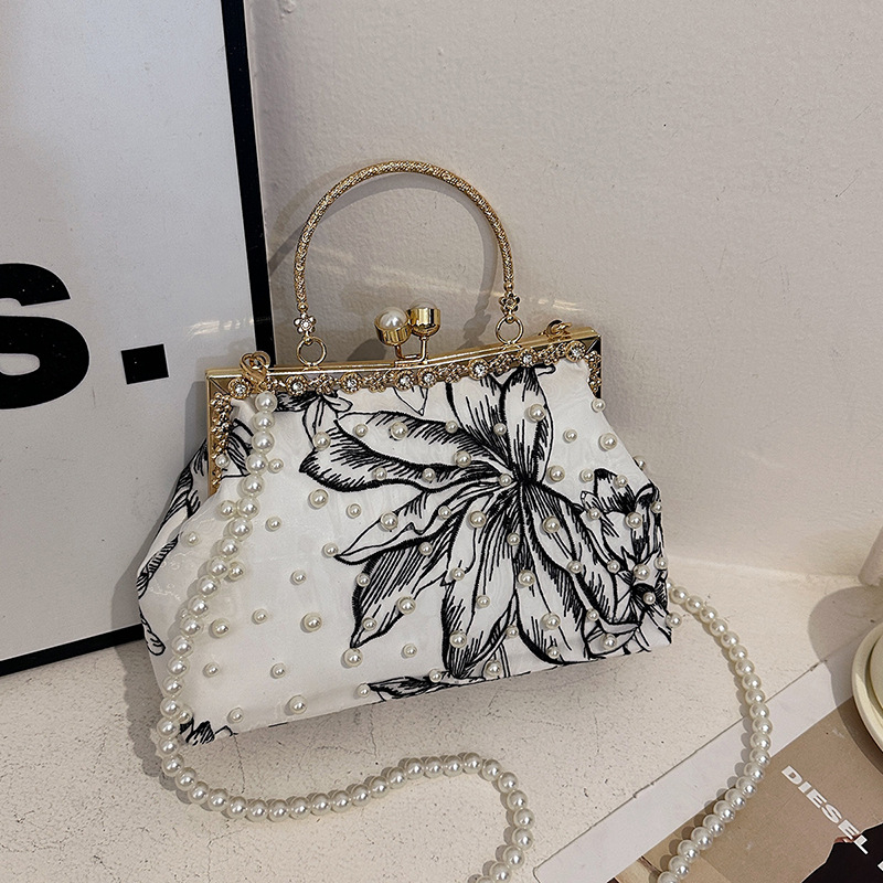 2025 nova modna torbica s metalnom ramom i perlama, večernja torbica s lancem, izšivane perle, za rame ili crossbody