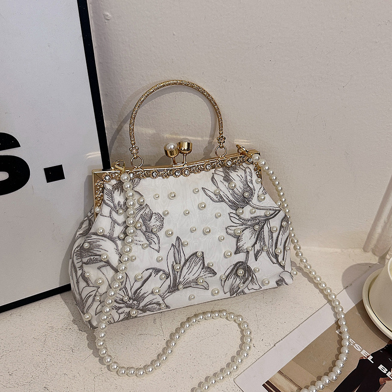 2025 nova modna torbica s metalnom ramom i perlama, večernja torbica s lancem, izšivane perle, za rame ili crossbody