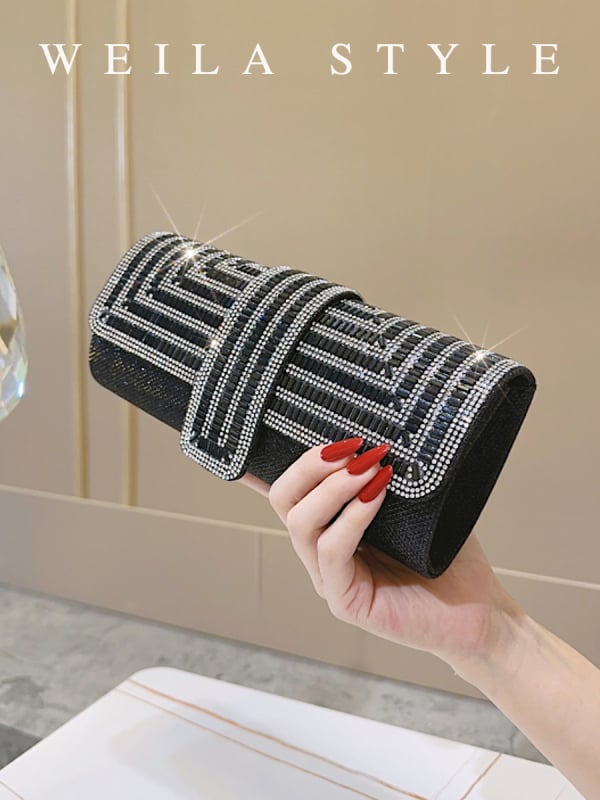 Βραδινή τσάντα clutch με στρας και αλυσίδα, τύπου κουτί με καπάκι, για γυναίκες, PU δέρμα, επένδυση πολυεστέρα